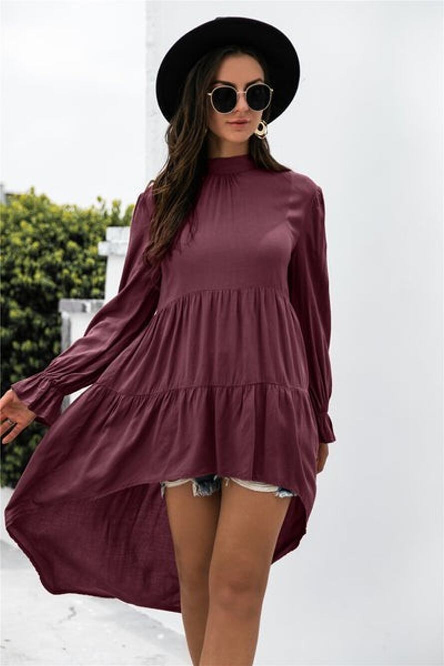 Anna Kaci California High Low Ruffle Blouse Maroon Purple Feminine Tunic Flowy L